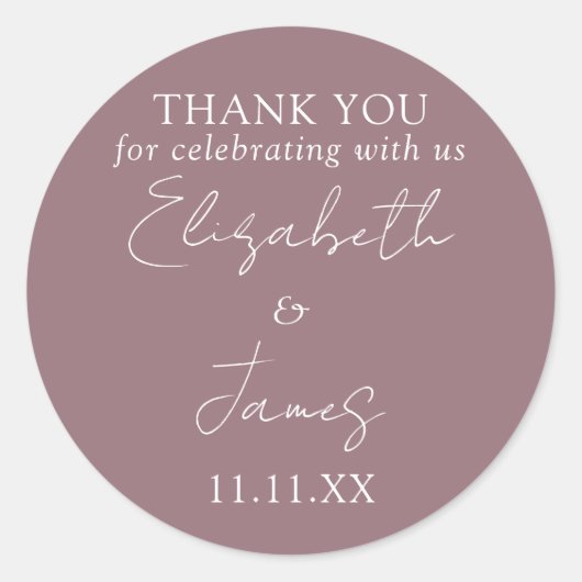 Paarse Elegante Script Trouw Dank Je Ronde Sticker (Voorkant)