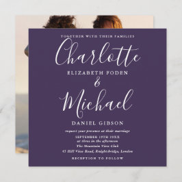 Paarse Elegante Script Trouwfoto Uitnodiging