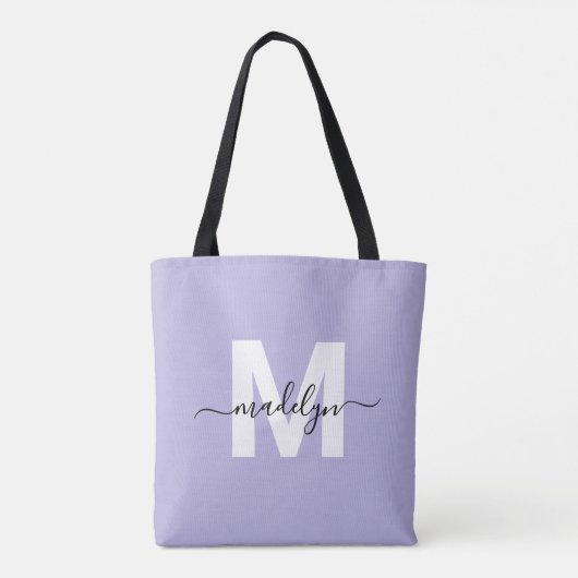 Paarse elegante scriptnaam Monogram Tote Bag (Achterkant)