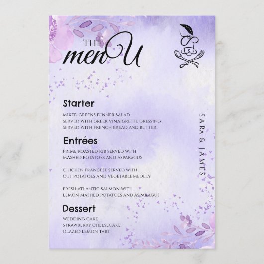Paarse Elegante Tafel Menu Kaarten (Voorkant)