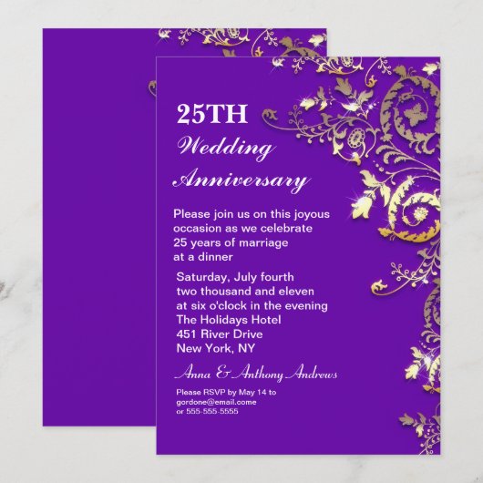 Paarse elegante uitnodigingen voor 25-jarig jubile (Voorkant / Achterkant)