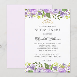 Paarse Elegante Waterverf Bloemige Quinceanera Kaart