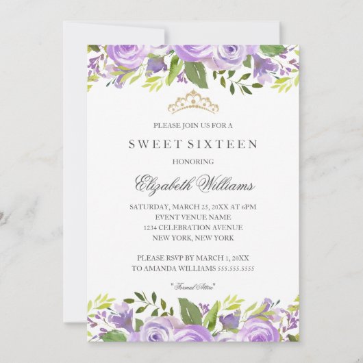 Paarse Elegante Waterverf Floral Sweet Sixteen Kaart (Voorkant)