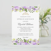 Paarse Elegante Waterverf Floral Sweet Sixteen Kaart (Staand voorkant)