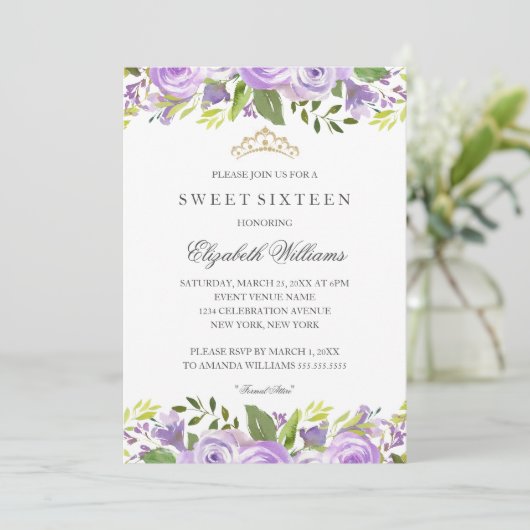Paarse Elegante Waterverf Floral Sweet Sixteen Kaart (Staand voorkant)