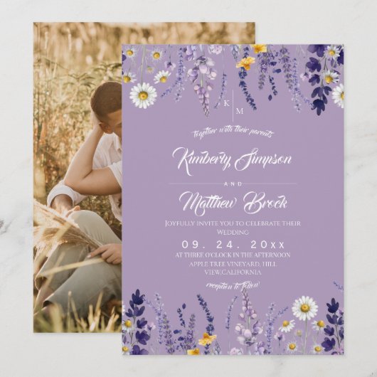 Paarse Elegante Wilde Bloem Rustieke Bruiloft  Kaart (Voorkant / Achterkant)