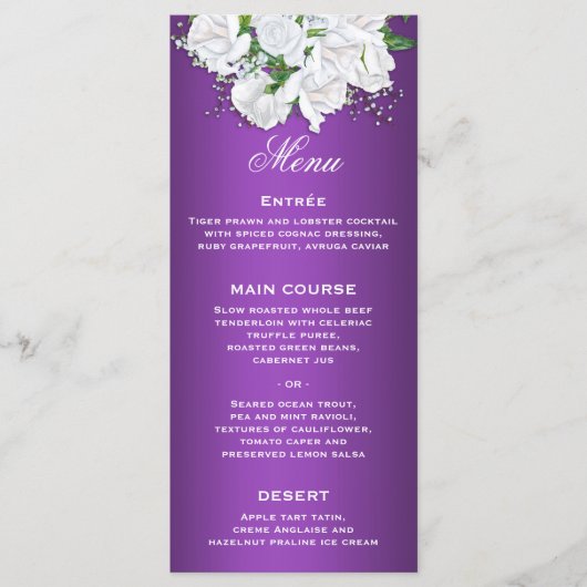 Paarse Elegantie en Witte Bruidsboeket Bruiloft Menu (Voorkant)