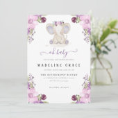 Paarse Elephant Baby Girl Baby shower Uitnodiging (Staand voorkant)