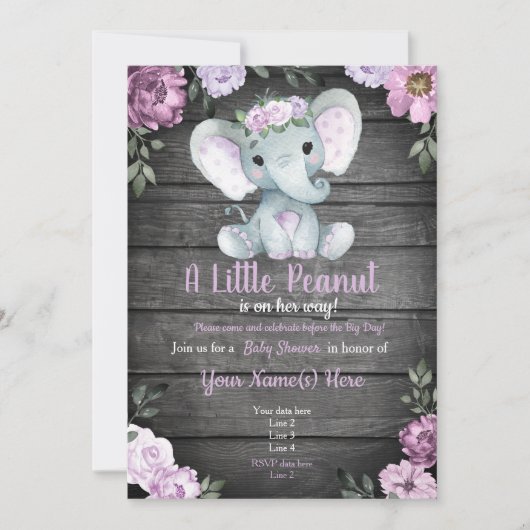Paarse Elephant Baby shower-uitnodiging, bijtend Kaart (Voorkant)