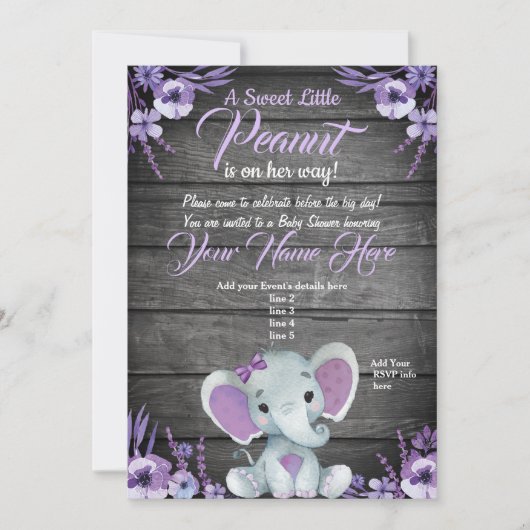 Paarse Elephant Baby shower-uitnodiging Kaart (Voorkant)