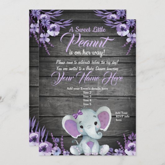Paarse Elephant Baby shower-uitnodiging Kaart (Voorkant / Achterkant)