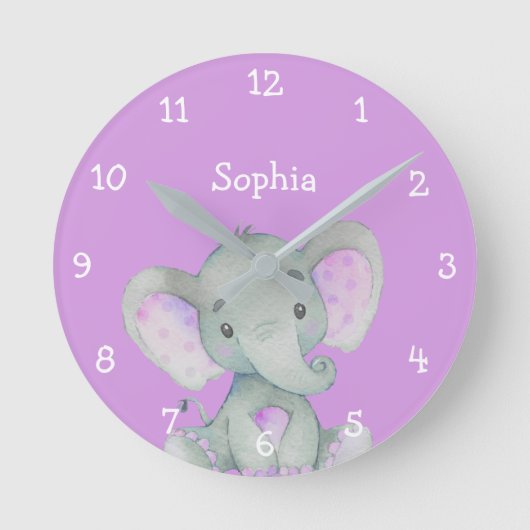 Paarse Elephant Cute Baby Girl Name Persoonlijk Ronde Klok (Voorkant)