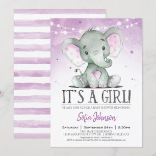 Paarse Elephant Girl Baby shower Kaart