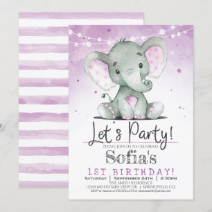 Paarse Elephant Girl Birthday Party Kaart