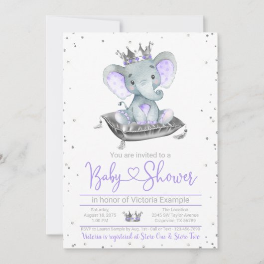 Paarse Elephant Princess Baby shower Kaart (Voorkant)
