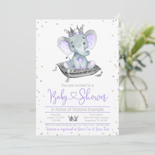 Paarse Elephant Princess Baby shower Kaart (Staand voorkant)