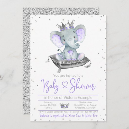 Paarse Elephant Princess Baby shower Kaart (Voorkant / Achterkant)