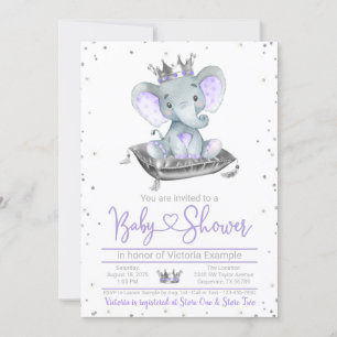 Paarse Elephant Princess Baby shower Kaart
