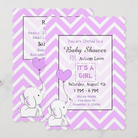 Paarse Elephant Themeed Baby Shower-uitvindingen Kaart (Voorkant / Achterkant)