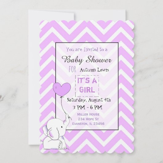 Paarse Elephant Themeed Baby Shower-uitvindingen Kaart (Voorkant)