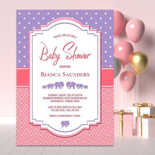Paarse elephants en Polka Dot Baby shower Kaart