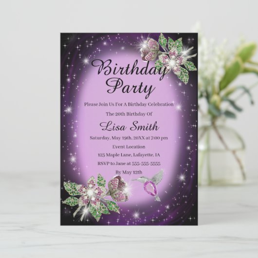 Paarse Elke Leeftijd Bling Floral Bird Verjaardag Kaart (Staand voorkant)