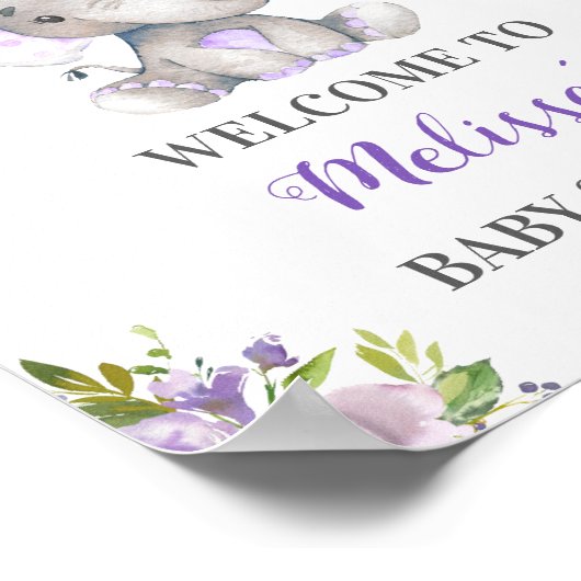 Paarse ellephant Baby Girl Shower Sprinkle Welkom Poster (Hoek)