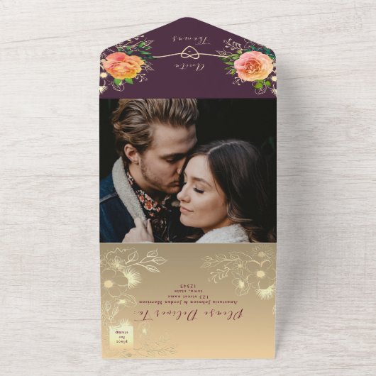 Paarse Emerald Green Jewel Tone Wedding All In One Uitnodiging (Buitenkant)