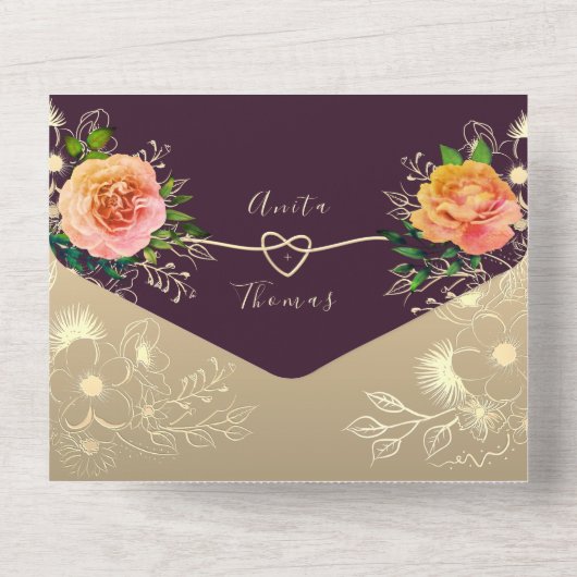 Paarse Emerald Green Jewel Tone Wedding All In One Uitnodiging (Achterkant)