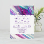 Paarse en Aqua Abstracte Verfwervelingen Bruiloft Kaart (Staand voorkant)