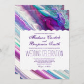 Paarse en Aqua Abstracte Verfwervelingen Bruiloft Kaart (Voorkant / Achterkant)