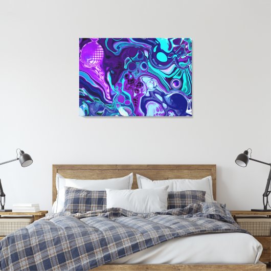 Paarse en Aqua Blue Abstracte Fluid Art Canvas Afdruk (Insitu (Slaapkamer))