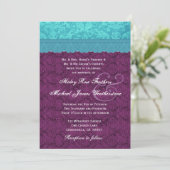 Paarse en Aqua Blue Damask Wedding G500C Kaart (Staand voorkant)