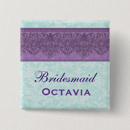 Paarse en Aqua Damask Bridesmaid Vierkante Button 5,1 Cm
