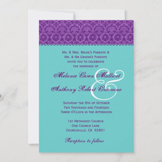 Paarse en Aqua  Damask Wedding Monogram Kaart (Voorkant)