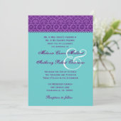 Paarse en Aqua  Damask Wedding Monogram Kaart (Staand voorkant)