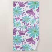Paarse en Aqua Floral Beach Handdoek (Voorkant)