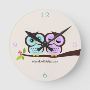 Paarse en Aqua Owl Couple Ronde Klok