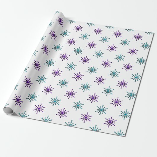 Paarse en Aqua Snowflakes op wit Cadeaupapier (Uitgerold)