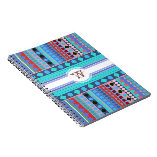 Paarse en Aqua Tribal Beat Zigzag Stripes Patroon Notitieboek (Rechterzijde)