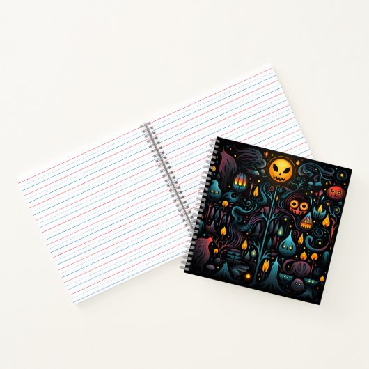 Paarse en blauw griezelig Halloween patroon Notitieboek (Binnen)
