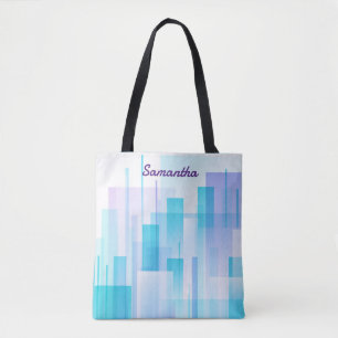 Paarse en blauwe abstracte met aangepaste naamteks tote bag