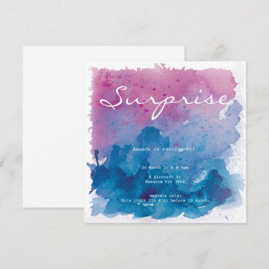 Paarse en blauwe aquarel verrassingsverjaardag kaart (Voorkant / Achterkant)