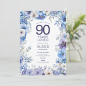 Paarse en blauwe bloemen 90e verjaardag, mijlpaal kaart (Staand voorkant)