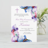 Paarse en blauwe bloemen eerste communie kaart (Staand voorkant)