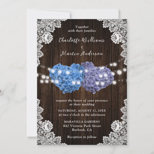 Paarse en Blauwe Bloemen Harten Hout Lace Wedding Kaart (Voorkant)
