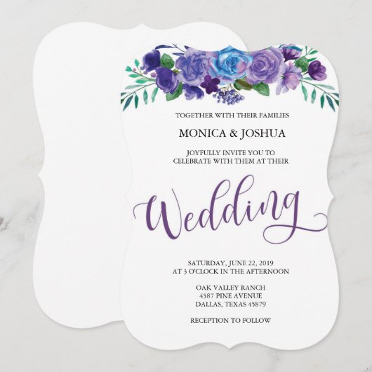 Paarse en Blauwe Bloemen Huwelijksuitnodiging Kaart (Voorkant / Achterkant)