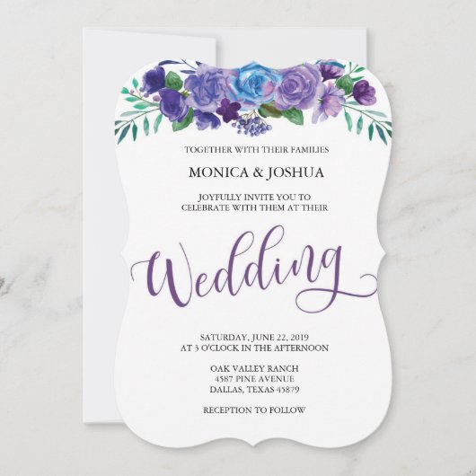 Paarse en Blauwe Bloemen Huwelijksuitnodiging Kaart (Voorkant)
