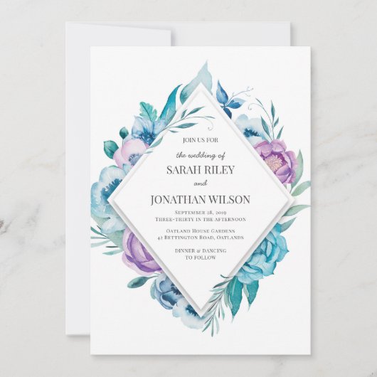 Paarse en blauwe bloemen huwelijksuitnodiging kaart (Voorkant)