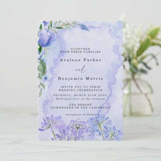 Paarse en Blauwe Bloemen Lotus Bruiloft Uitnodigin Save The Date (Staand voorkant)